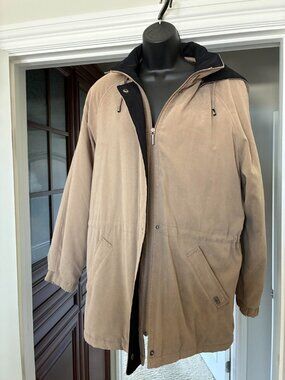 London Fog Jacket with hood.   Tan with Black detail.  Padded Size Small.